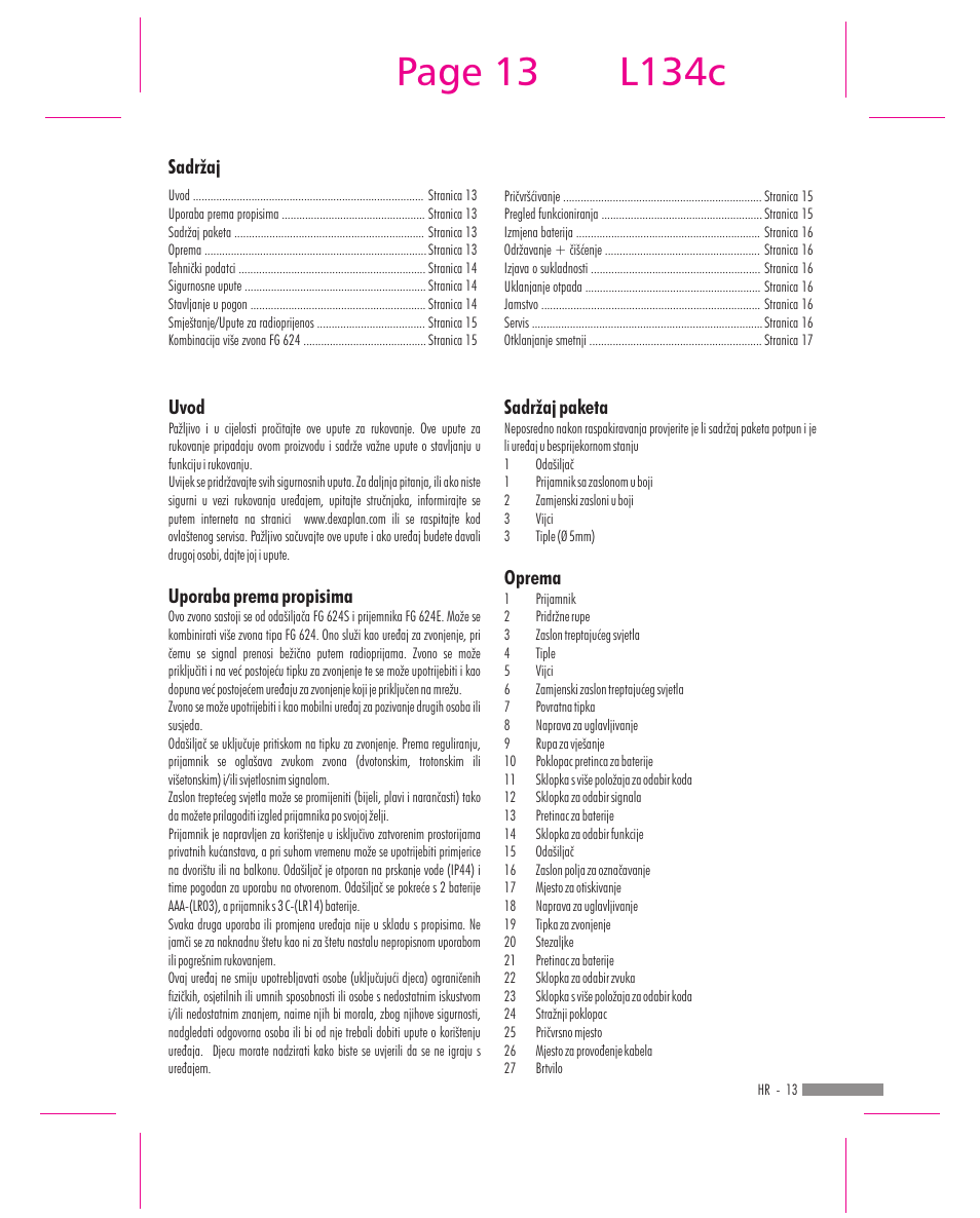 Page 13, L134c, Sadr aj | Sadržaj paketa, Oprema, Uvod, Uporaba prema propisima | Dexaplan FG 624 User Manual | Page 11 / 14