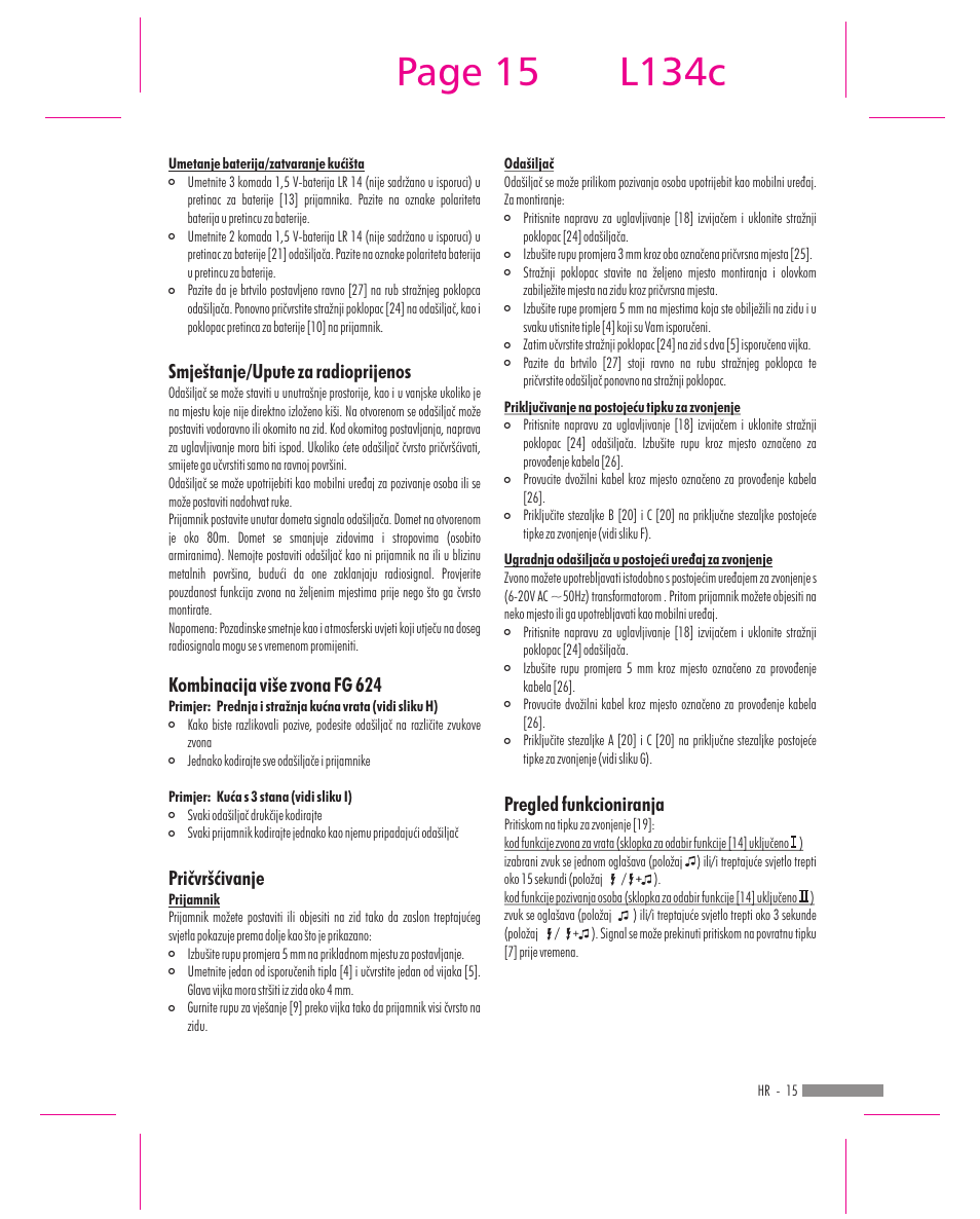 Page 15, L134c, Smještanje/upute za radioprijenos | Kombinacija više zvona fg 624, Pričvršćivanje, Pregled funkcioniranja | Dexaplan FG 624 User Manual | Page 13 / 14