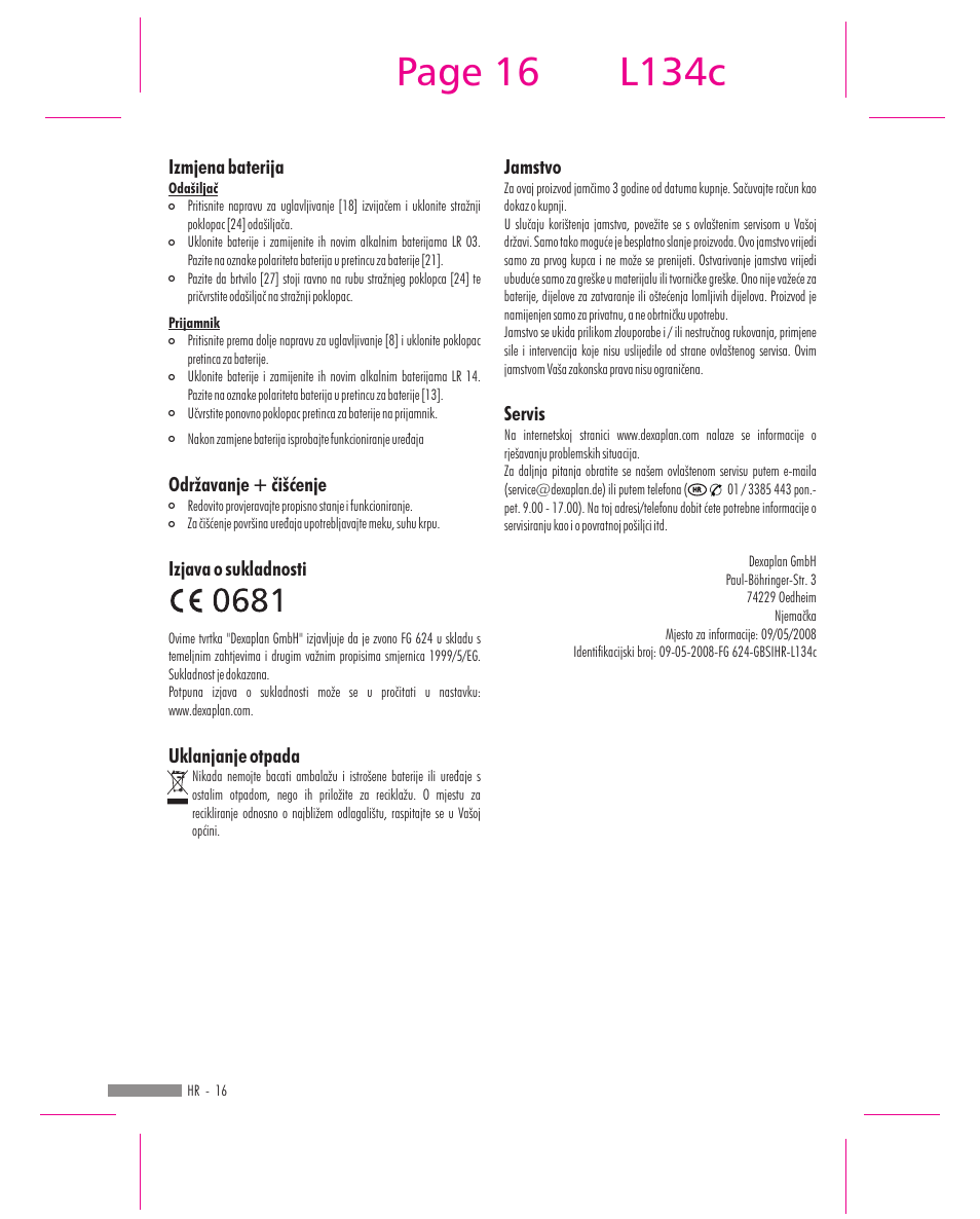 Page 16, L134c | Dexaplan FG 624 User Manual | Page 14 / 14