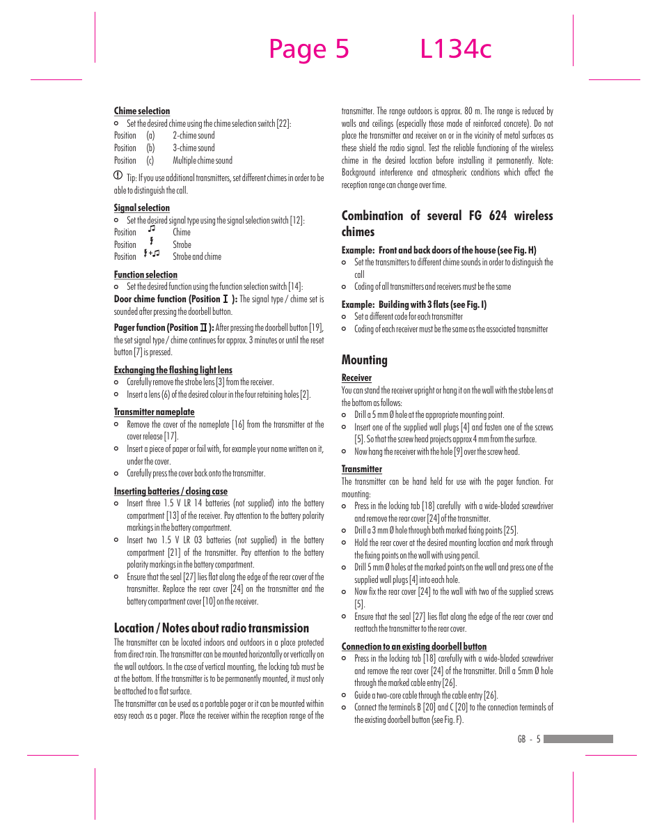 Page 5 l134c, Combination of several fg 624 wireless chimes, Mounting | Dexaplan FG 624 User Manual | Page 3 / 14