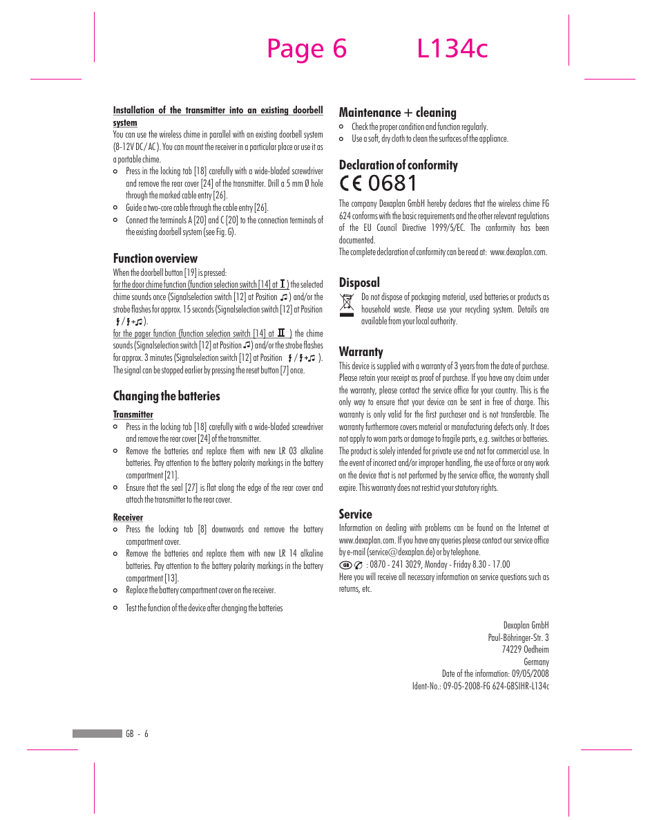 Page 6, L134c, Maintenance + cleaning | Declaration of conformity, Disposal warranty service, Function overview, Changing the batteries | Dexaplan FG 624 User Manual | Page 4 / 14