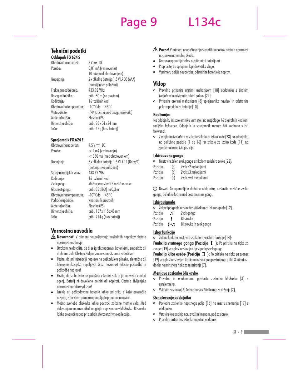 Page 9, L134c, Vklop | Tehnični podatki, Varnostna navodila | Dexaplan FG 624 User Manual | Page 7 / 14