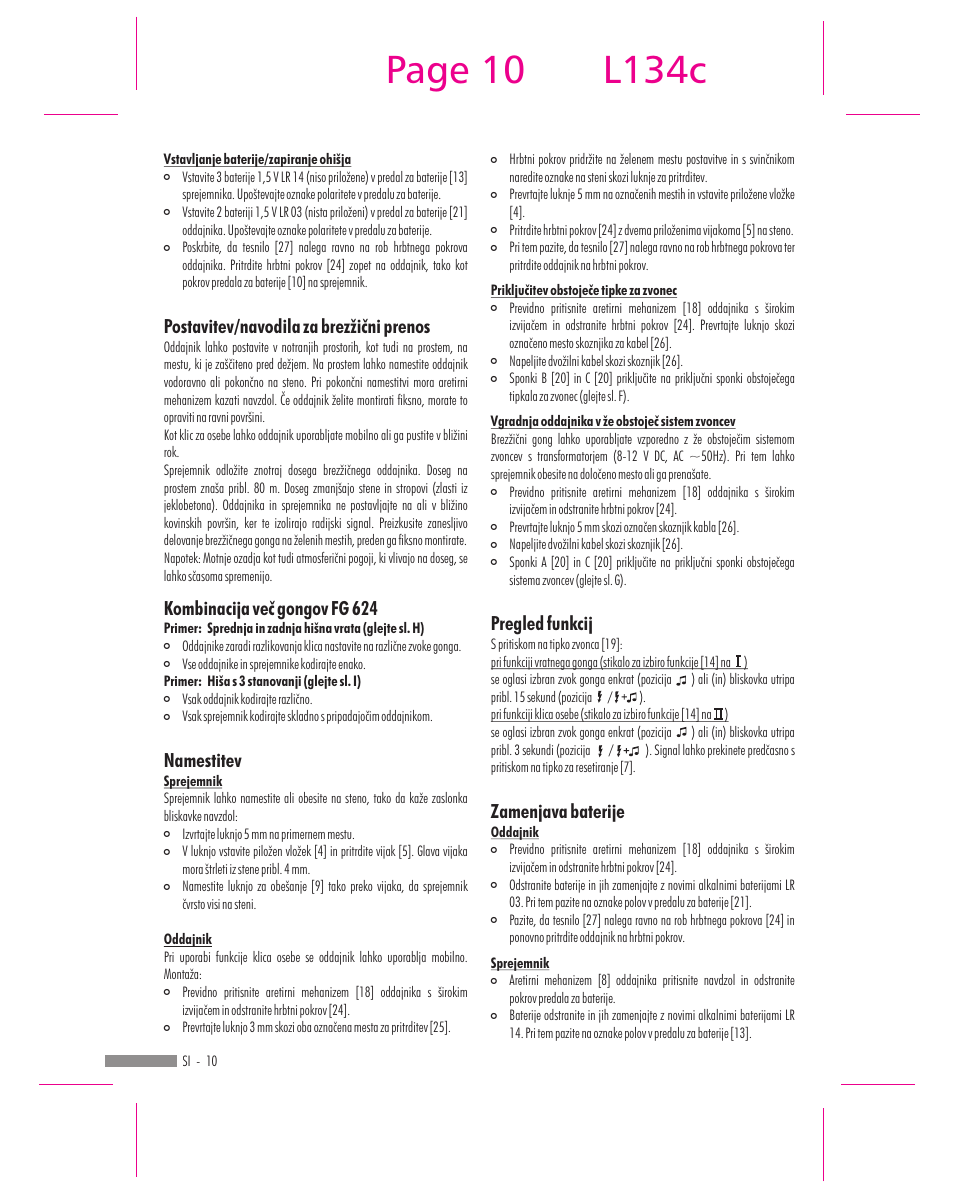 Page 10, L134c, Postavitev/navodila za brezžični prenos | Kombinacija več gongov fg 624, Namestitev, Pregled funkcij, Zamenjava baterije | Dexaplan FG 624 User Manual | Page 8 / 14