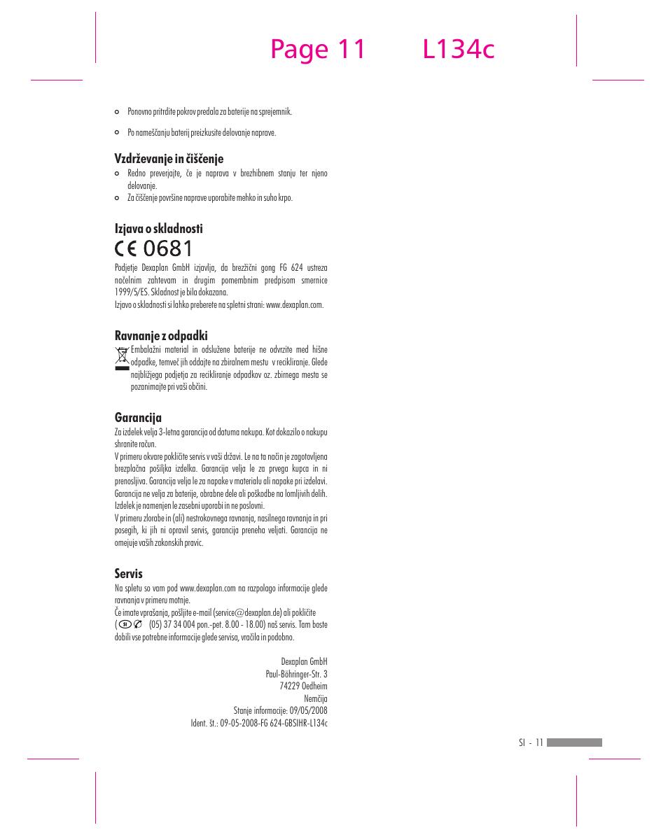 Page 11, L134c | Dexaplan FG 624 User Manual | Page 9 / 14