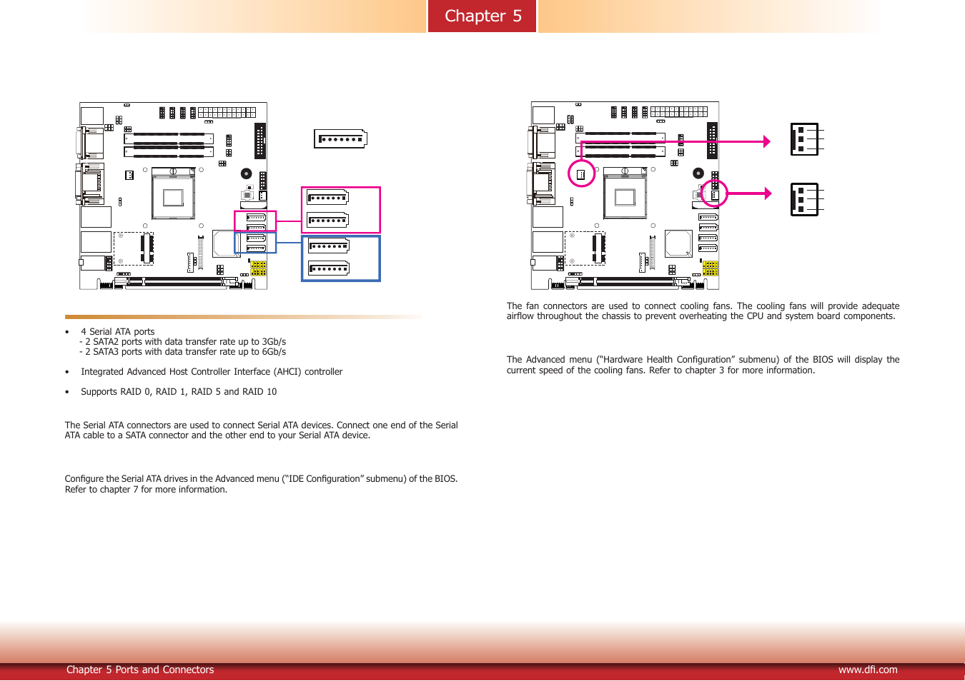 Chapter 5, Sata (serial ata) connectors, Cooling fan connectors | DFI DT122-CR Manual User Manual | Page 29 / 95