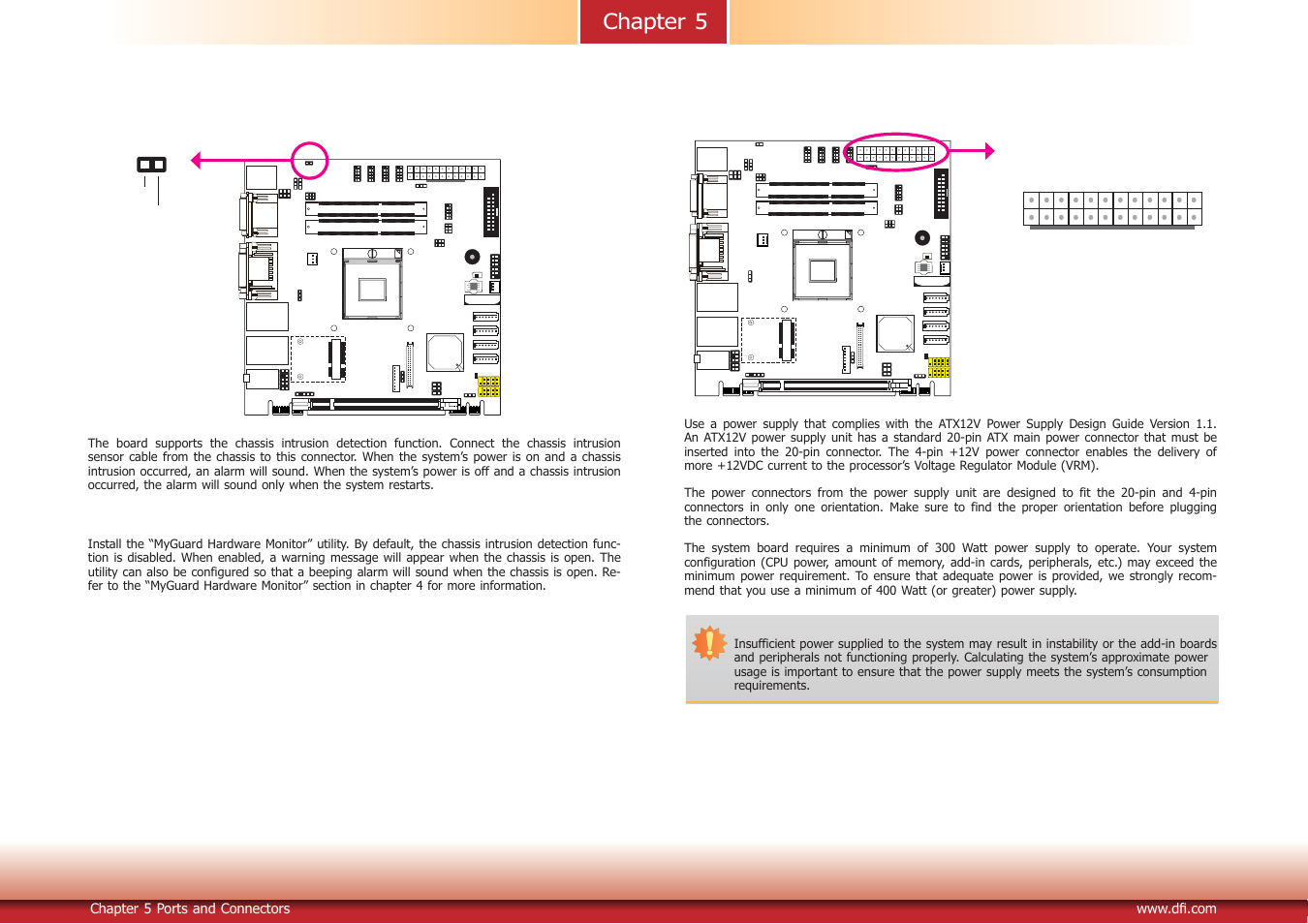 Chapter 5, Chassis intrusion connector, Power connectors | DFI DT122-CR Manual User Manual | Page 30 / 95