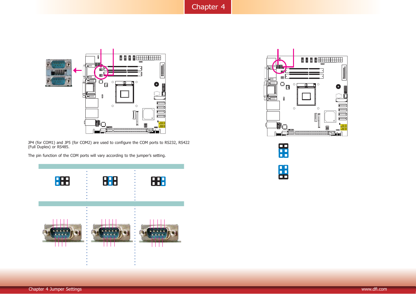 Com 1/ com 2 rs232/422/485 select, Com 1 / com 2 rs232/power select, Chapter 4 | Chapter 4 jumper settings | DFI DT122-HR Manual User Manual | Page 19 / 90