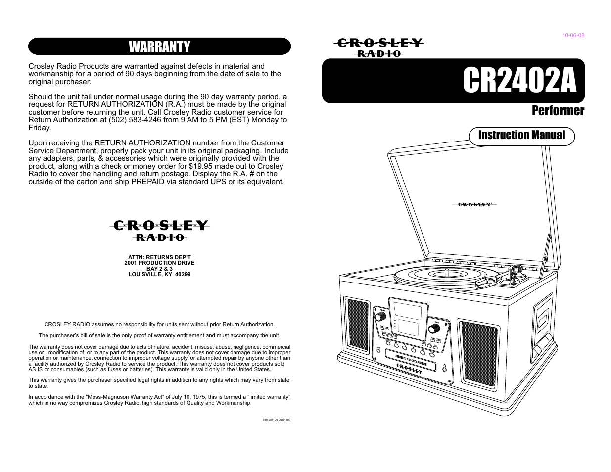Crosley Radio Performer CR2402A User Manual | 8 pages