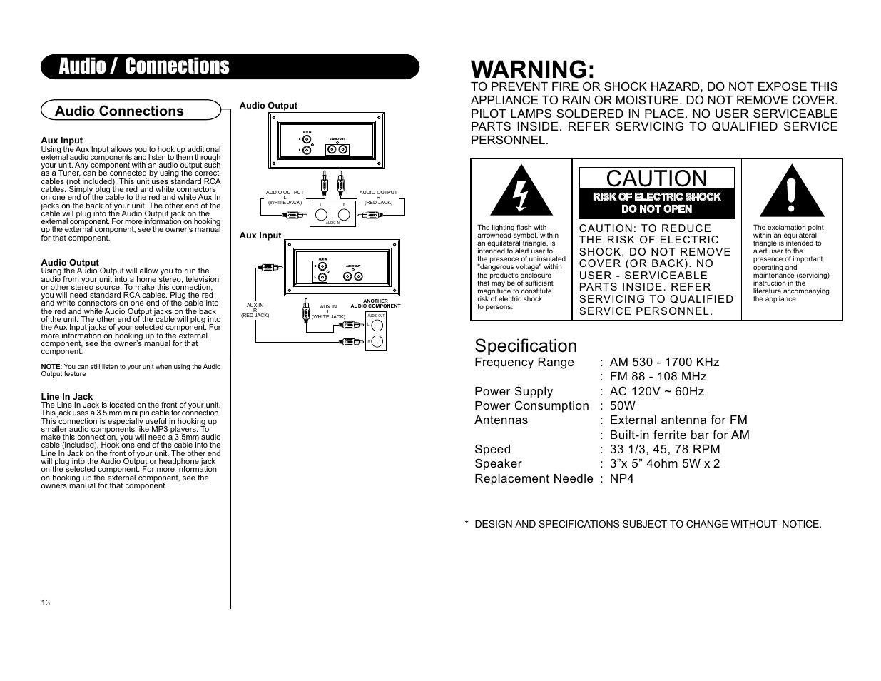 Warning, Caution, Audio / connections | Specification, Audio connections | Crosley Radio Performer CR2402A User Manual | Page 2 / 8