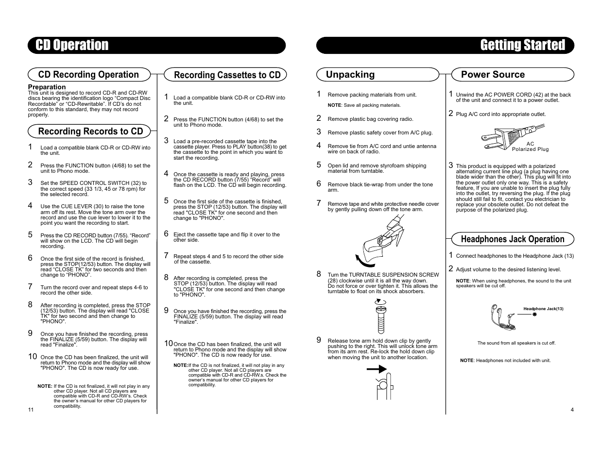 Cd operation getting started, Recording cassettes to cd, Cd recording operation recording records to cd | Unpacking, Power source headphones jack operation | Crosley Radio Performer CR2402A User Manual | Page 3 / 8