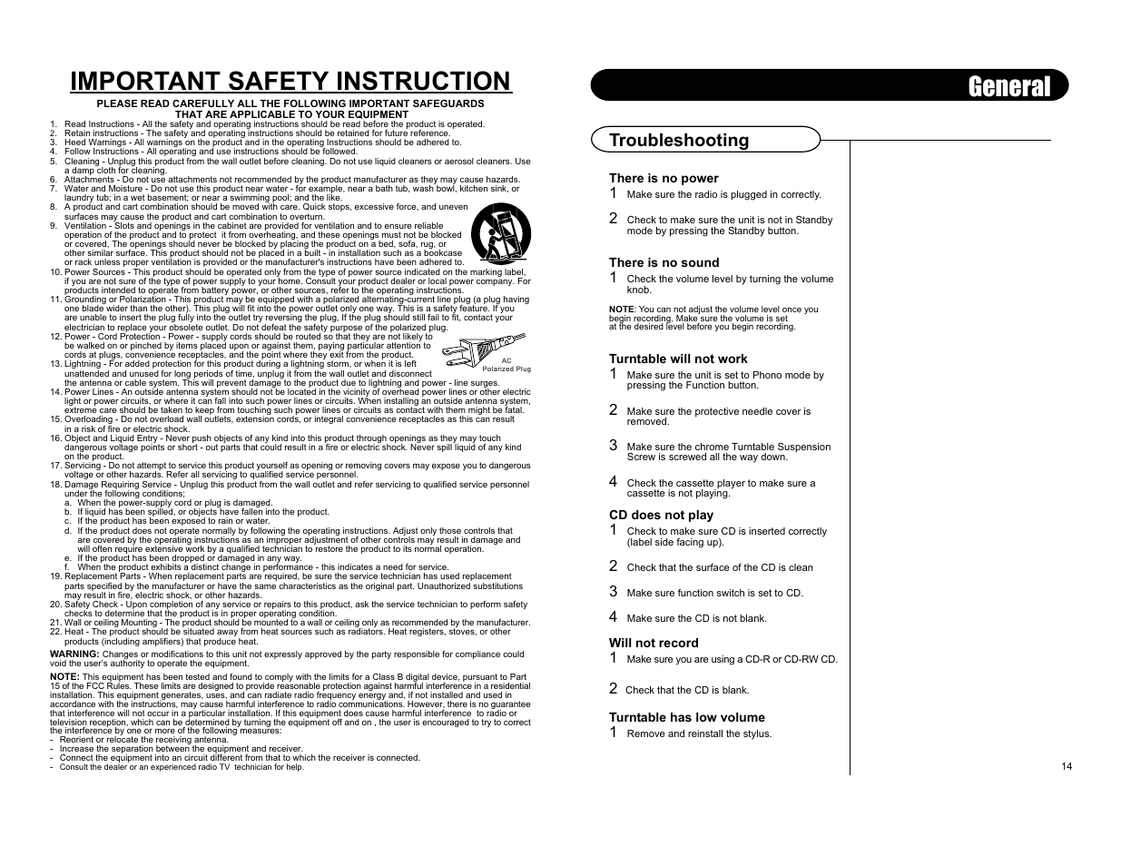 General important safety instruction, Troubleshooting | Crosley Radio Performer CR2402A User Manual | Page 5 / 8