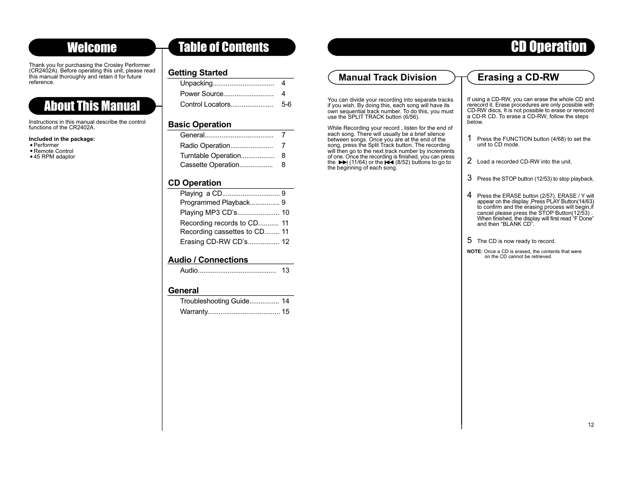 Cd operation, About this manual, Welcome table of contents | Erasing a cd-rw, Manual track division | Crosley Radio Performer CR2402A User Manual | Page 6 / 8
