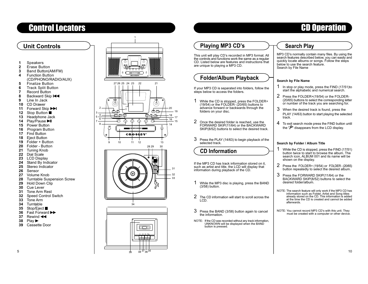 Control locators, Cd operation, Unit controls | Playing mp3 cds, Search play folder/album playback cd information | Crosley Radio Performer CR2402A User Manual | Page 7 / 8