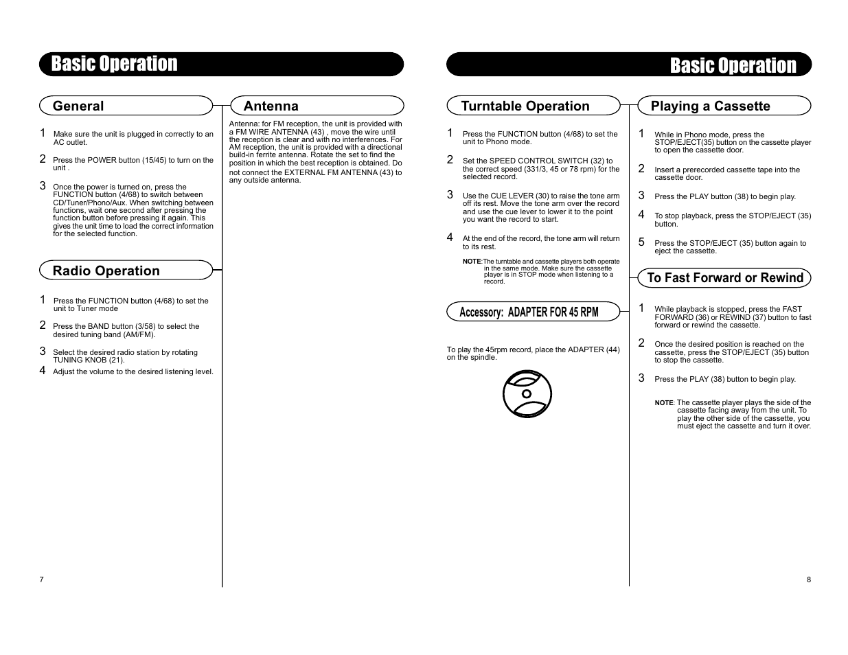Basic operation, Antenna, Turntable operation | General, Radio operation | Crosley Radio Performer CR2402A User Manual | Page 8 / 8