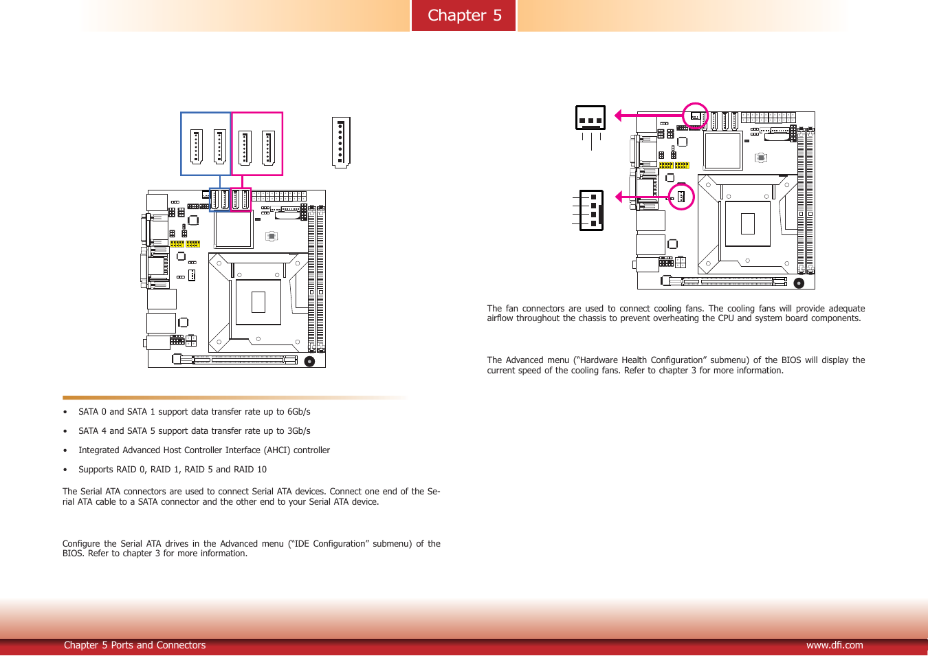 Chapter 5, Sata (serial ata) connectors, Cooling fan connectors | DFI DT122-SB Manual User Manual | Page 26 / 85
