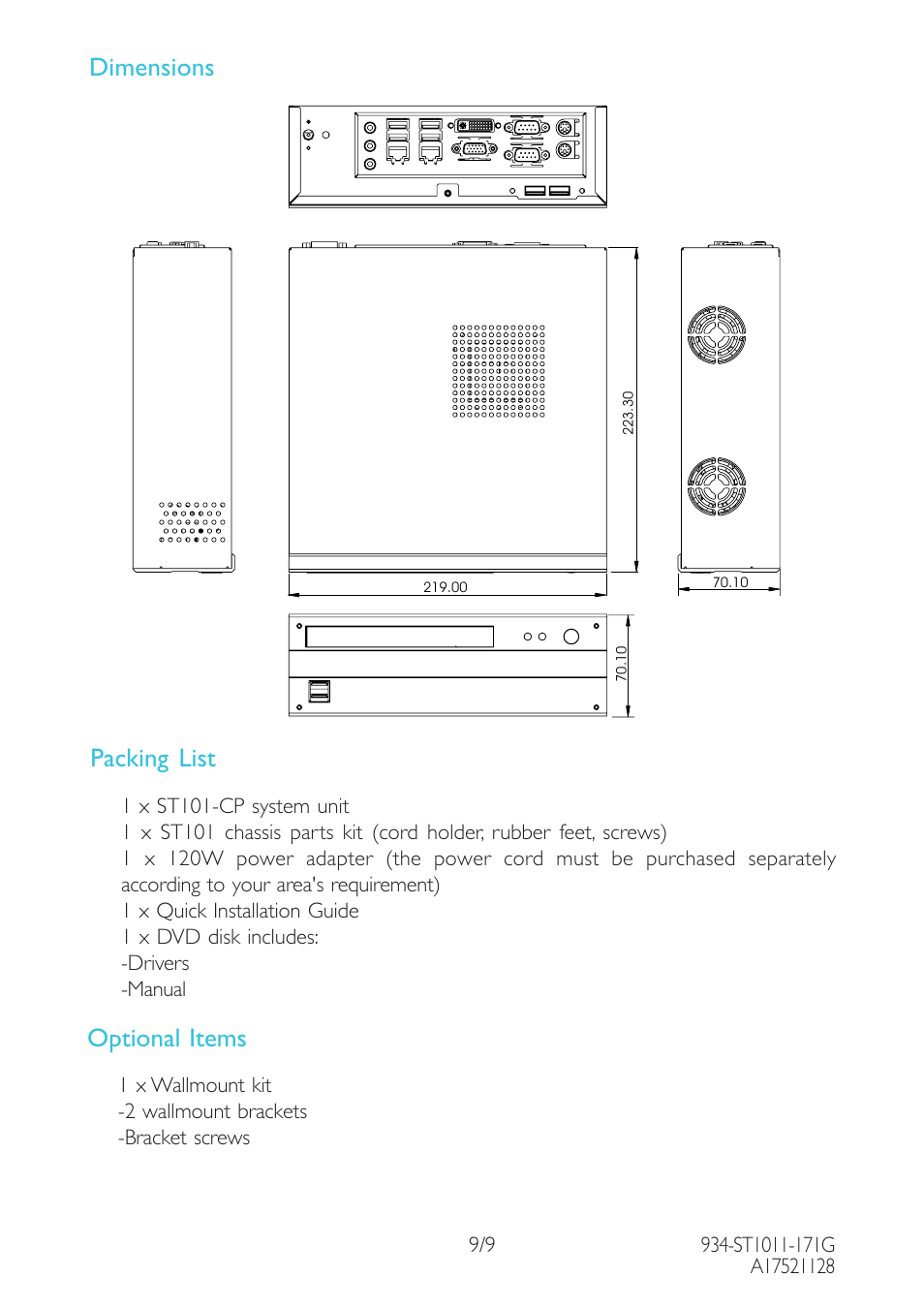 Dimensions, Packing list, Optional items | DFI ST101-CP User Manual | Page 9 / 9