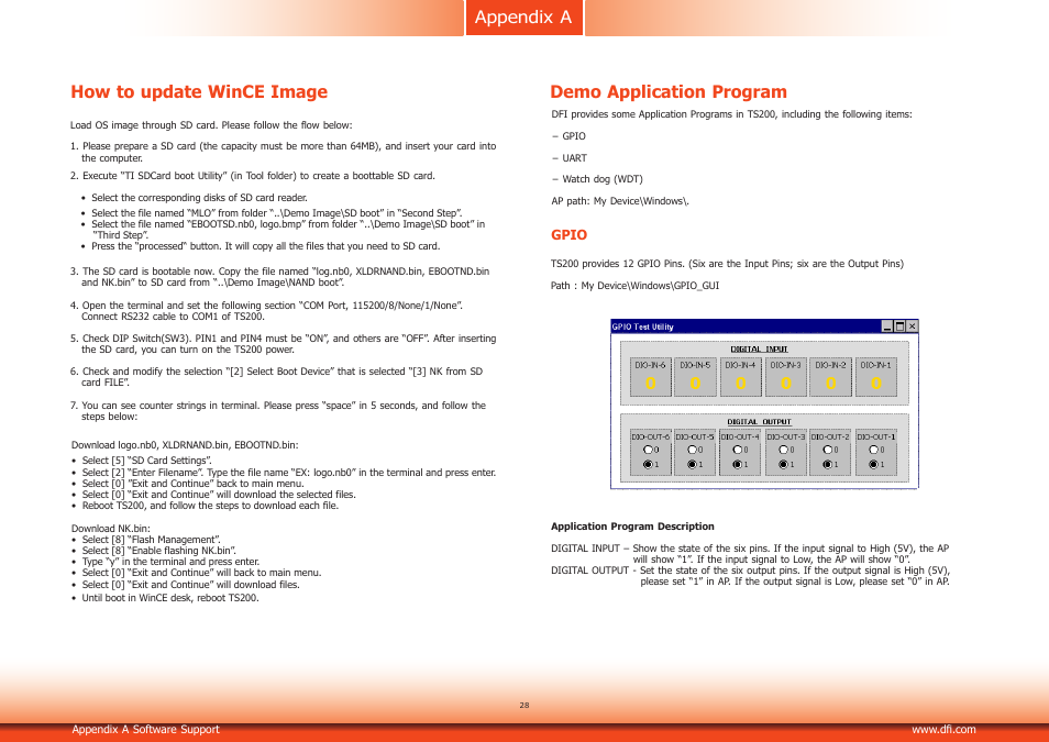 Appendix a, How to update wince image, Demo application program | DFI KS200 Manual User Manual | Page 28 / 29