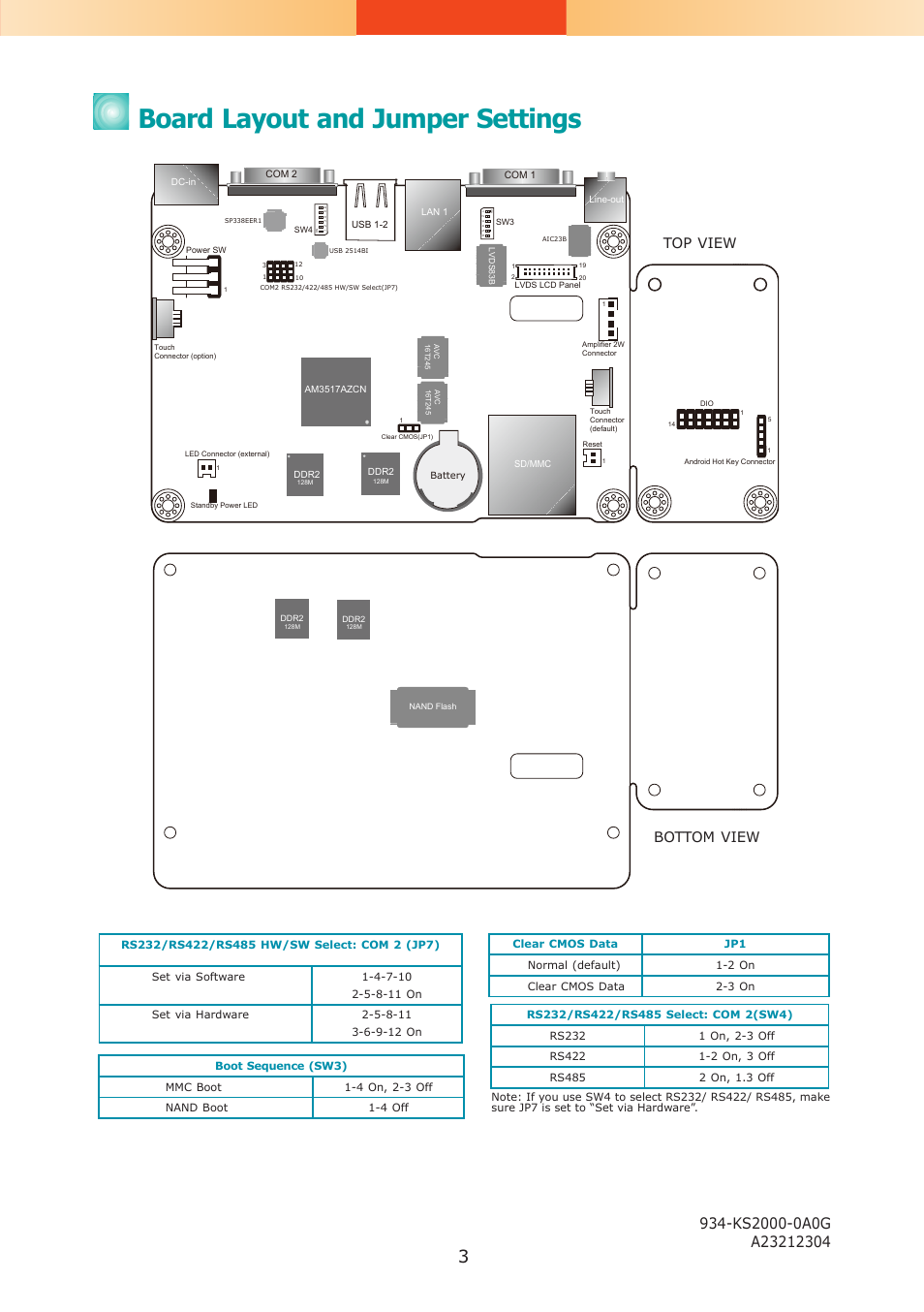Board layout and jumper settings, Top view bottom view | DFI KS200 Installation Guide User Manual | Page 3 / 3