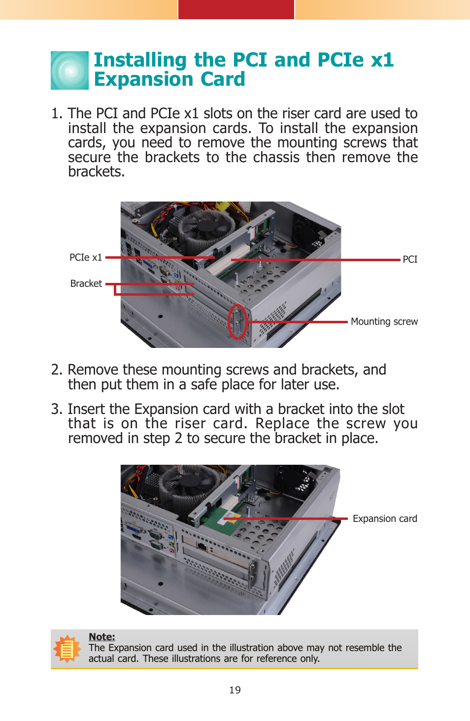 Installing the pci and pcie x1 expansion card | DFI TPC121 Installation Guide User Manual | Page 19 / 28