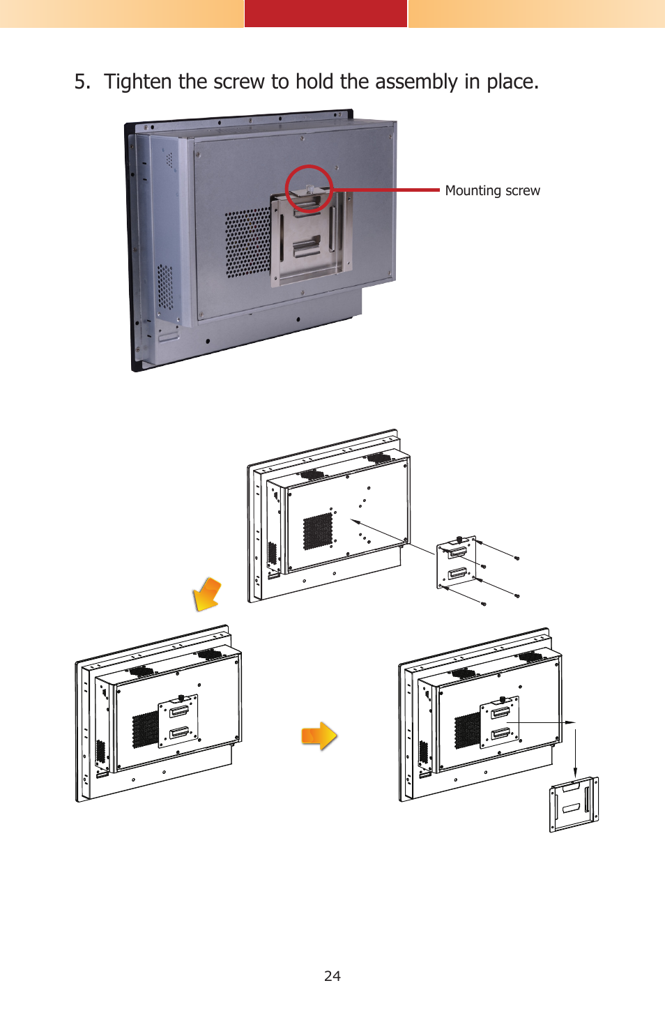 Tighten the screw to hold the assembly in place | DFI TPC121 Installation Guide User Manual | Page 24 / 28