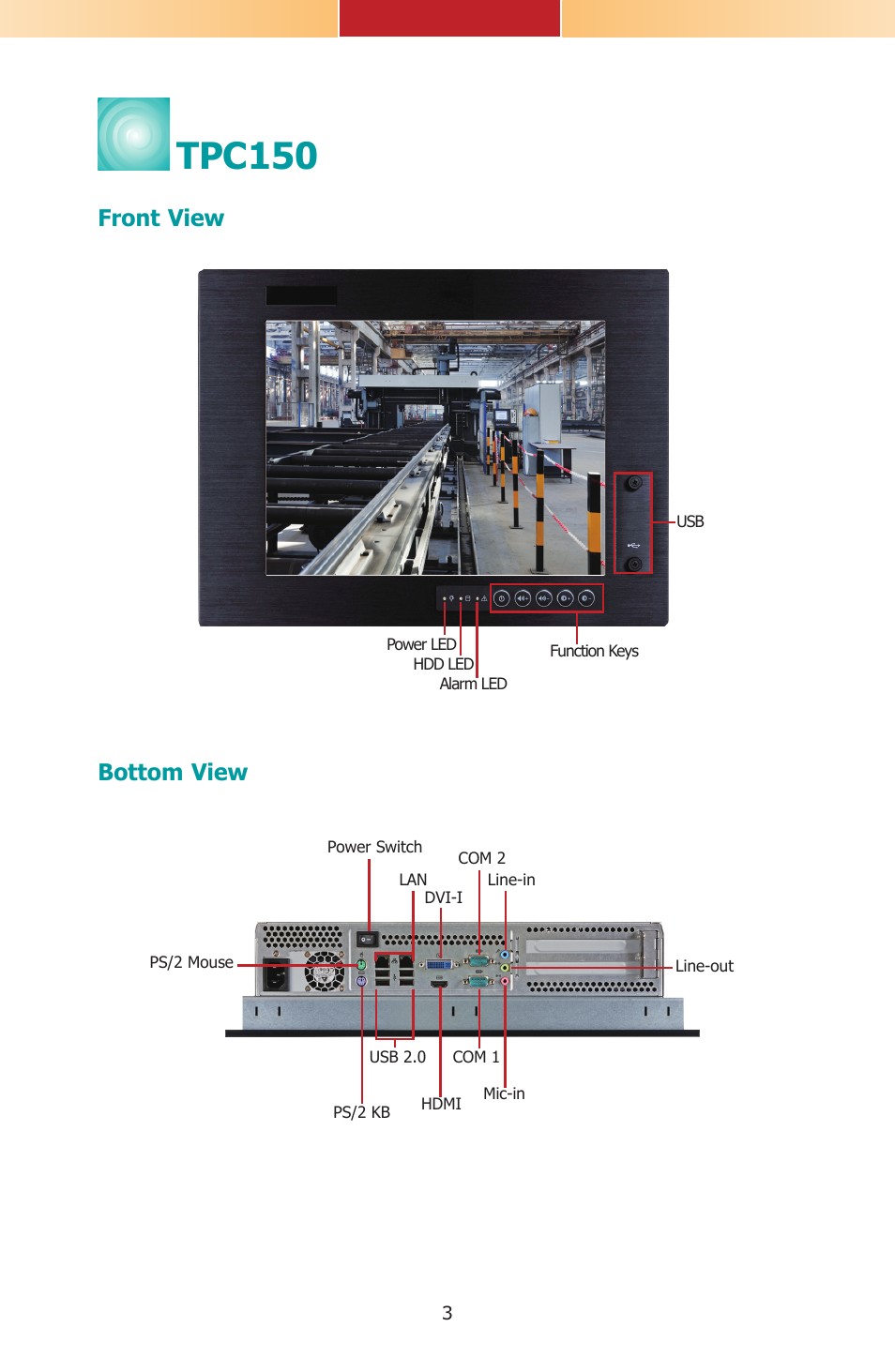 Tpc150, Front view bottom view | DFI TPC121 Installation Guide User Manual | Page 3 / 28