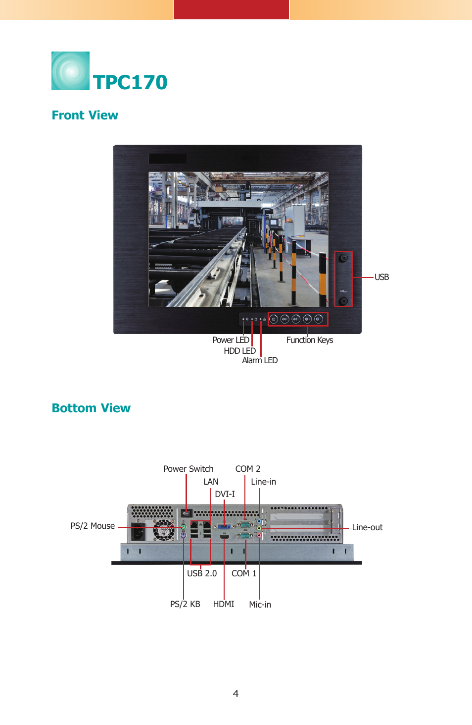 Tpc170, Front view bottom view | DFI TPC121 Installation Guide User Manual | Page 4 / 28