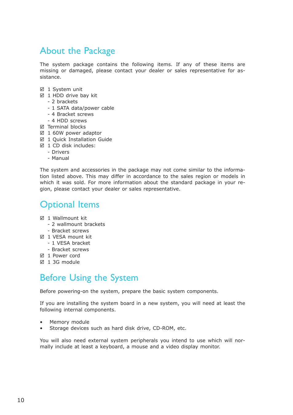 About the package, Before using the system, Optional items | DFI EC200 Series User Manual | Page 10 / 204