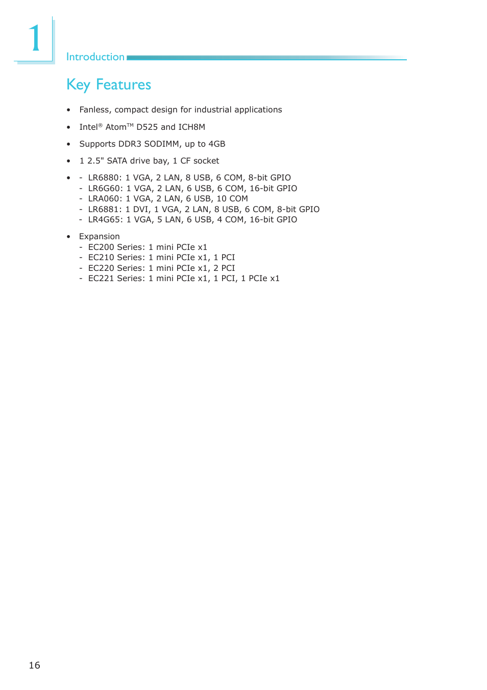 Key features, Introduction | DFI EC200 Series User Manual | Page 16 / 204