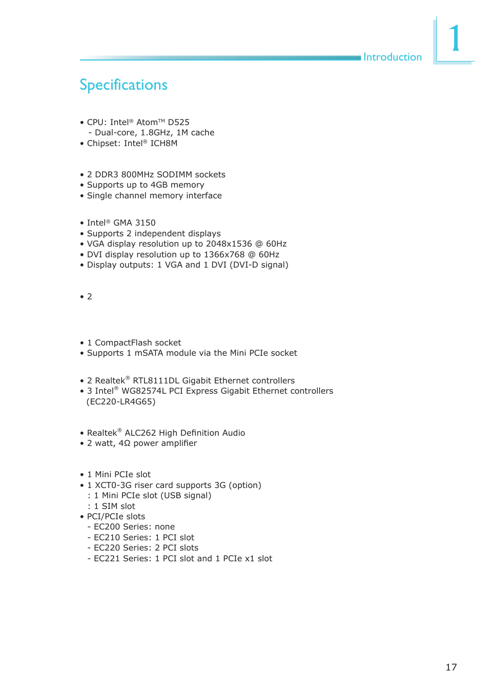 Specifications, Introduction | DFI EC200 Series User Manual | Page 17 / 204
