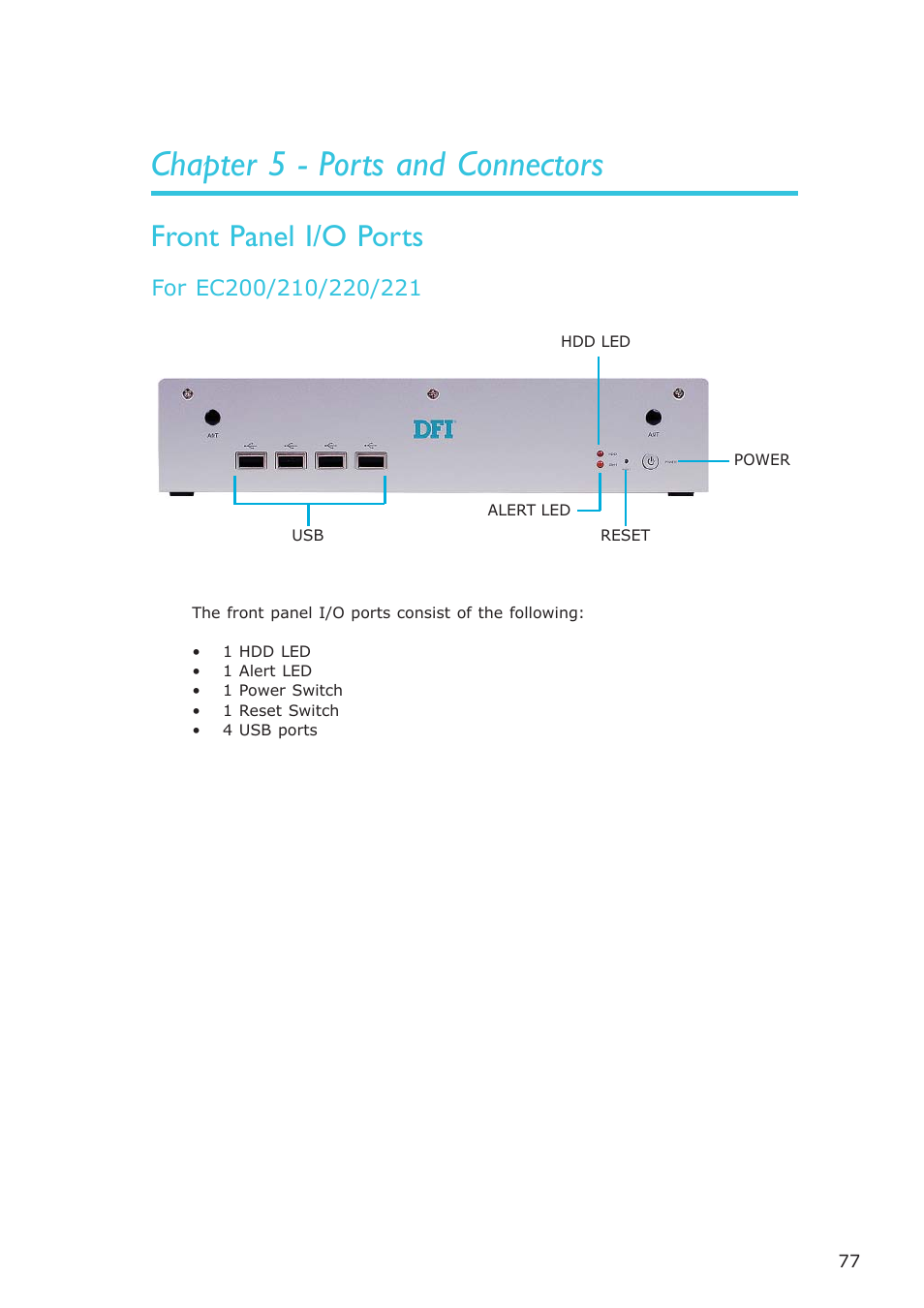 Chapter 5 - ports and connectors, Front panel i/o ports | DFI EC200 Series User Manual | Page 77 / 204