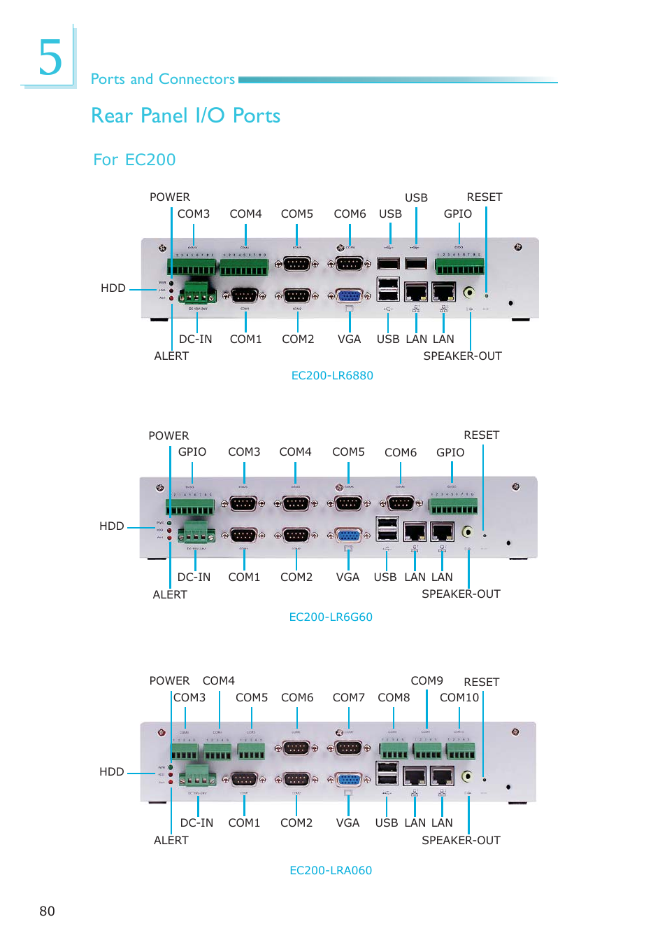 Rear panel i/o ports, Ports and connectors, For ec200 | DFI EC200 Series User Manual | Page 80 / 204