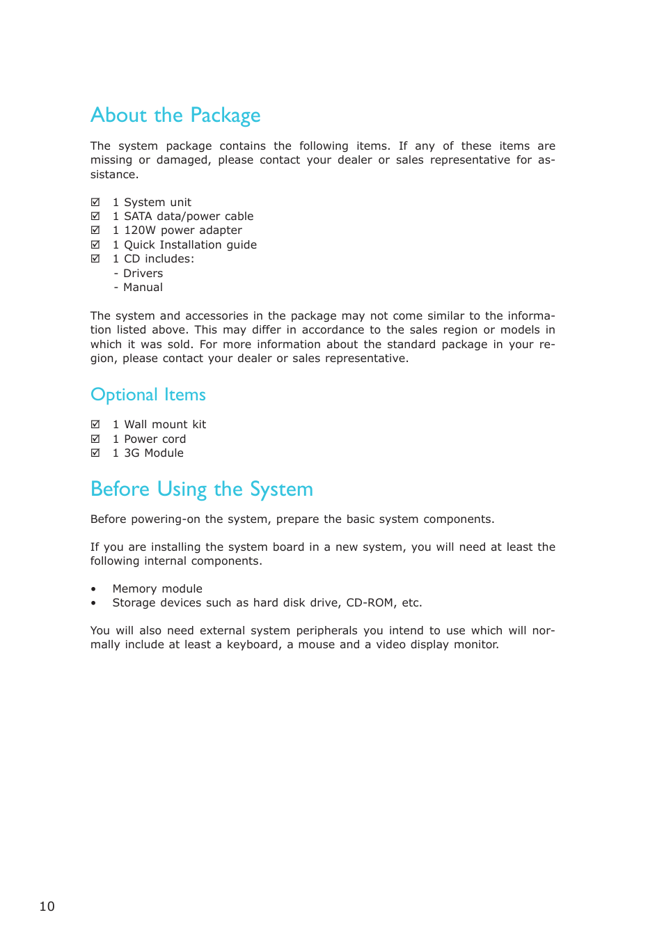 About the package, Before using the system, Optional items | DFI EC300 Series User Manual | Page 10 / 206