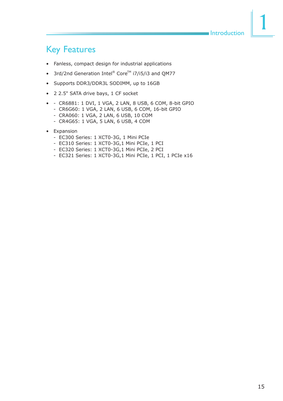 Key features, Introduction | DFI EC300 Series User Manual | Page 15 / 206