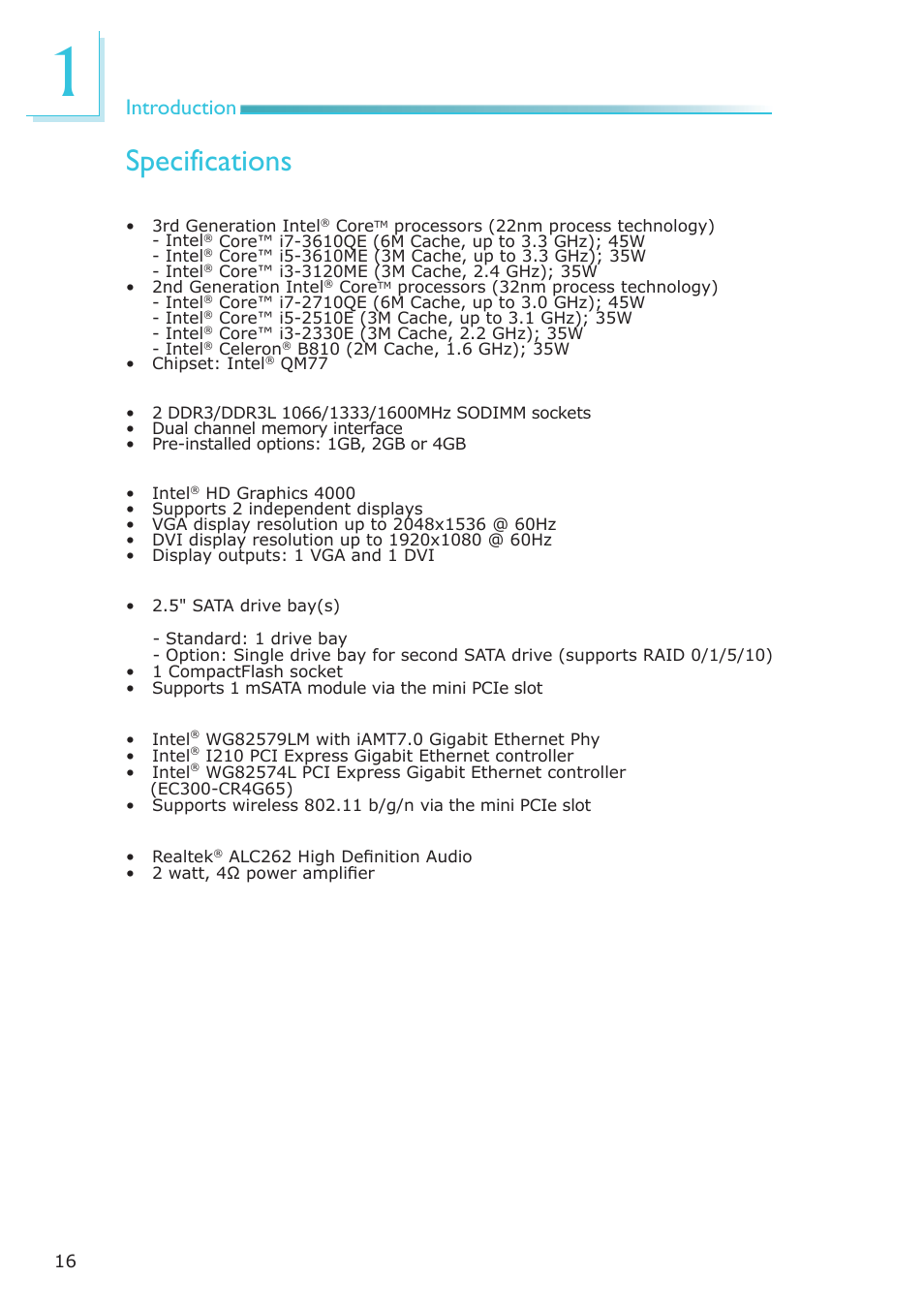 Specifications, Introduction | DFI EC300 Series User Manual | Page 16 / 206