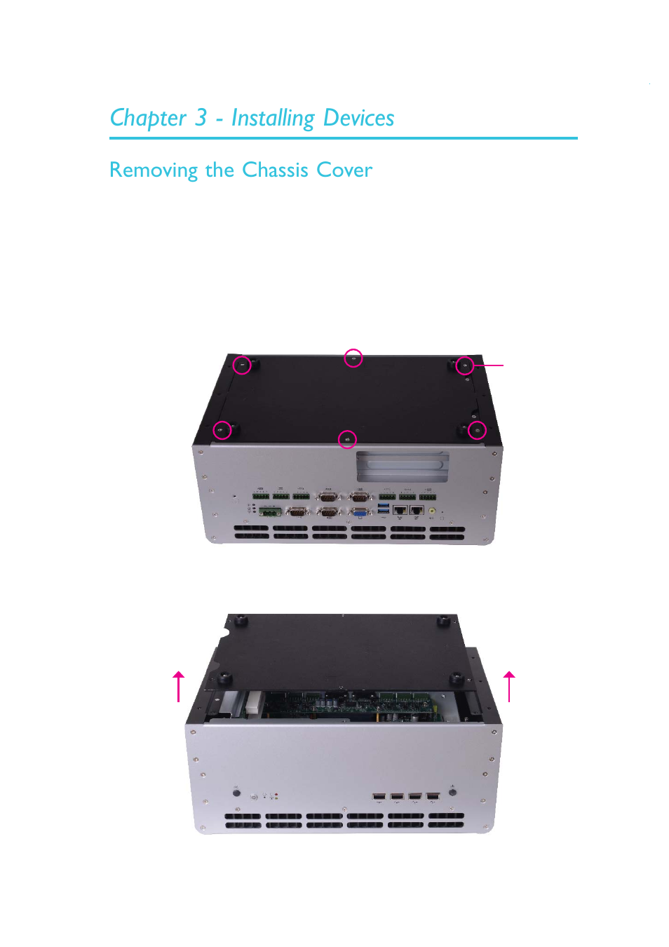 Chapter 3 - installing devices, Removing the chassis cover | DFI EC300 Series User Manual | Page 33 / 206