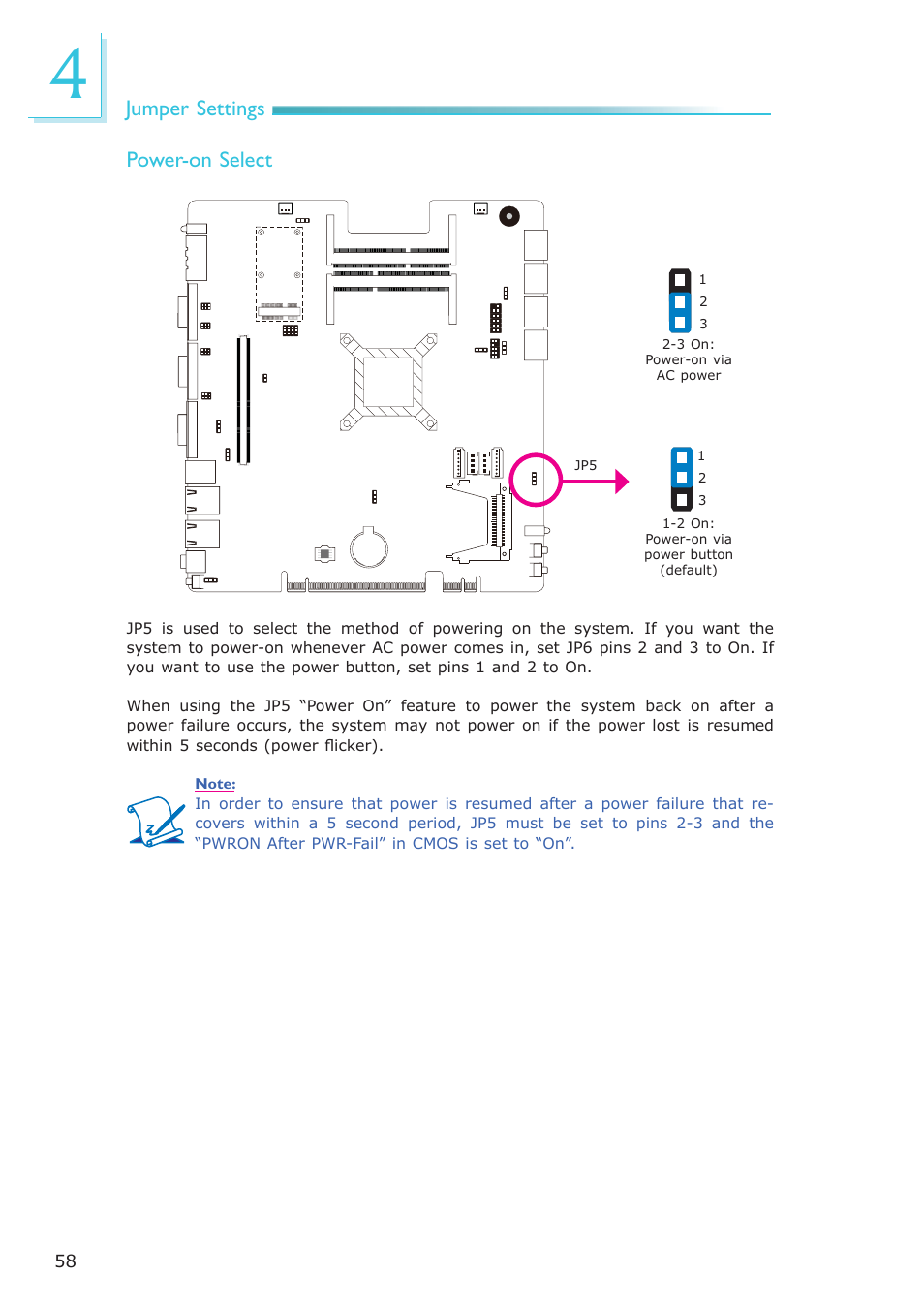 Jumper settings, Power-on select | DFI EC300 Series User Manual | Page 58 / 206