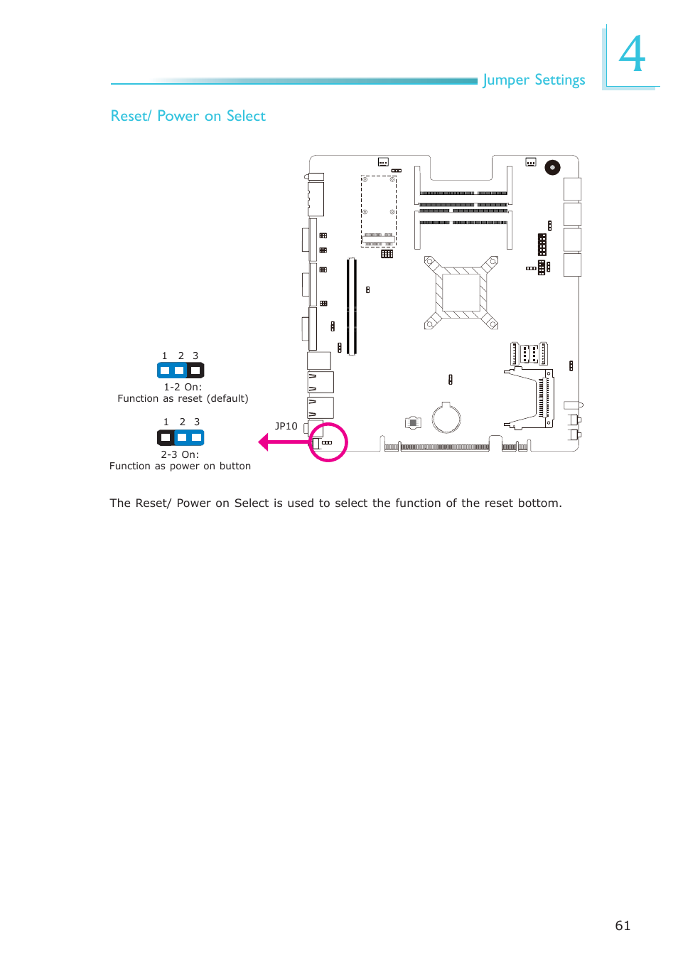 Jumper settings, Reset/ power on select | DFI EC300 Series User Manual | Page 61 / 206