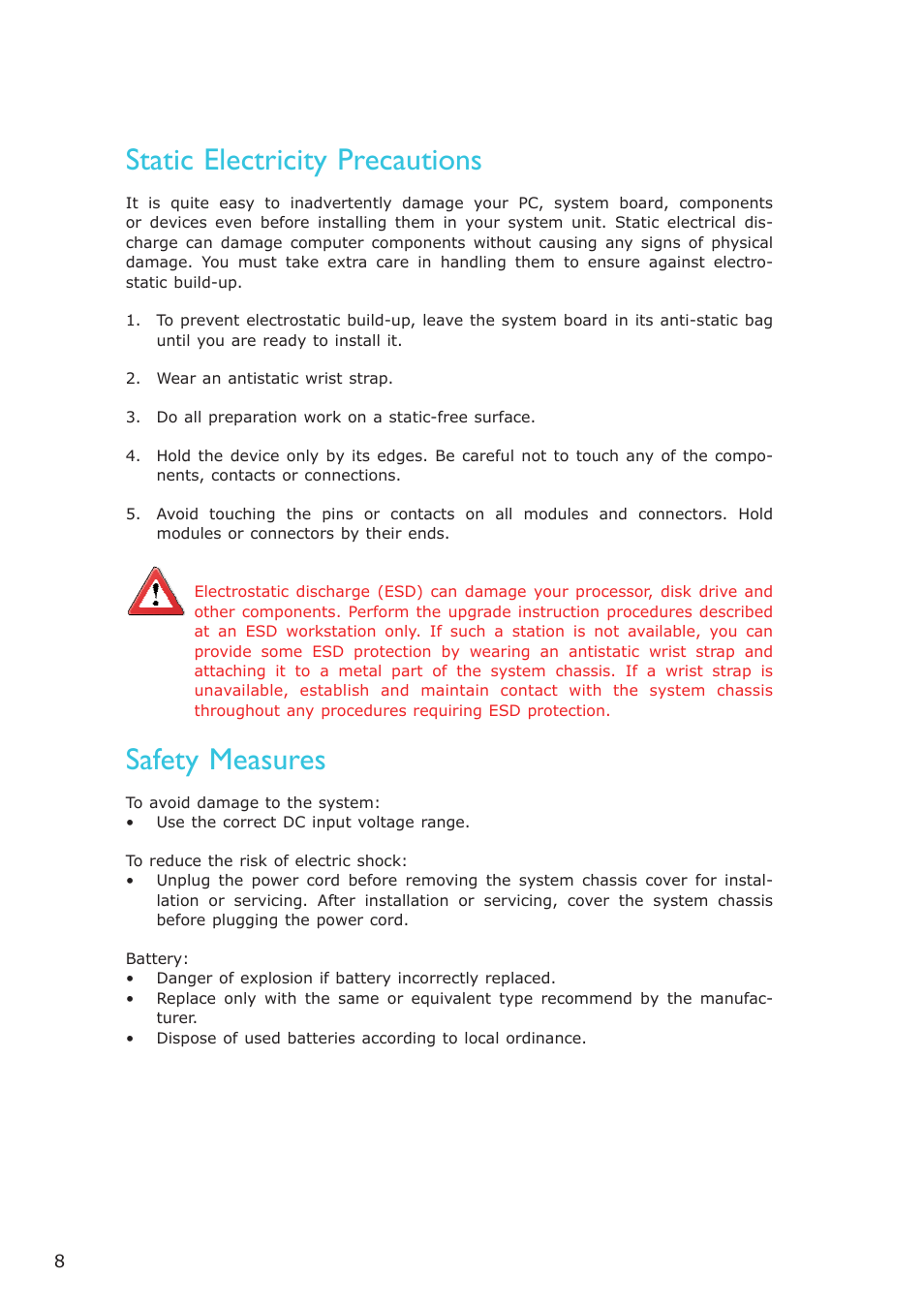 Trademarks, Static electricity precautions, Safety measures | DFI EC300 Series User Manual | Page 8 / 206