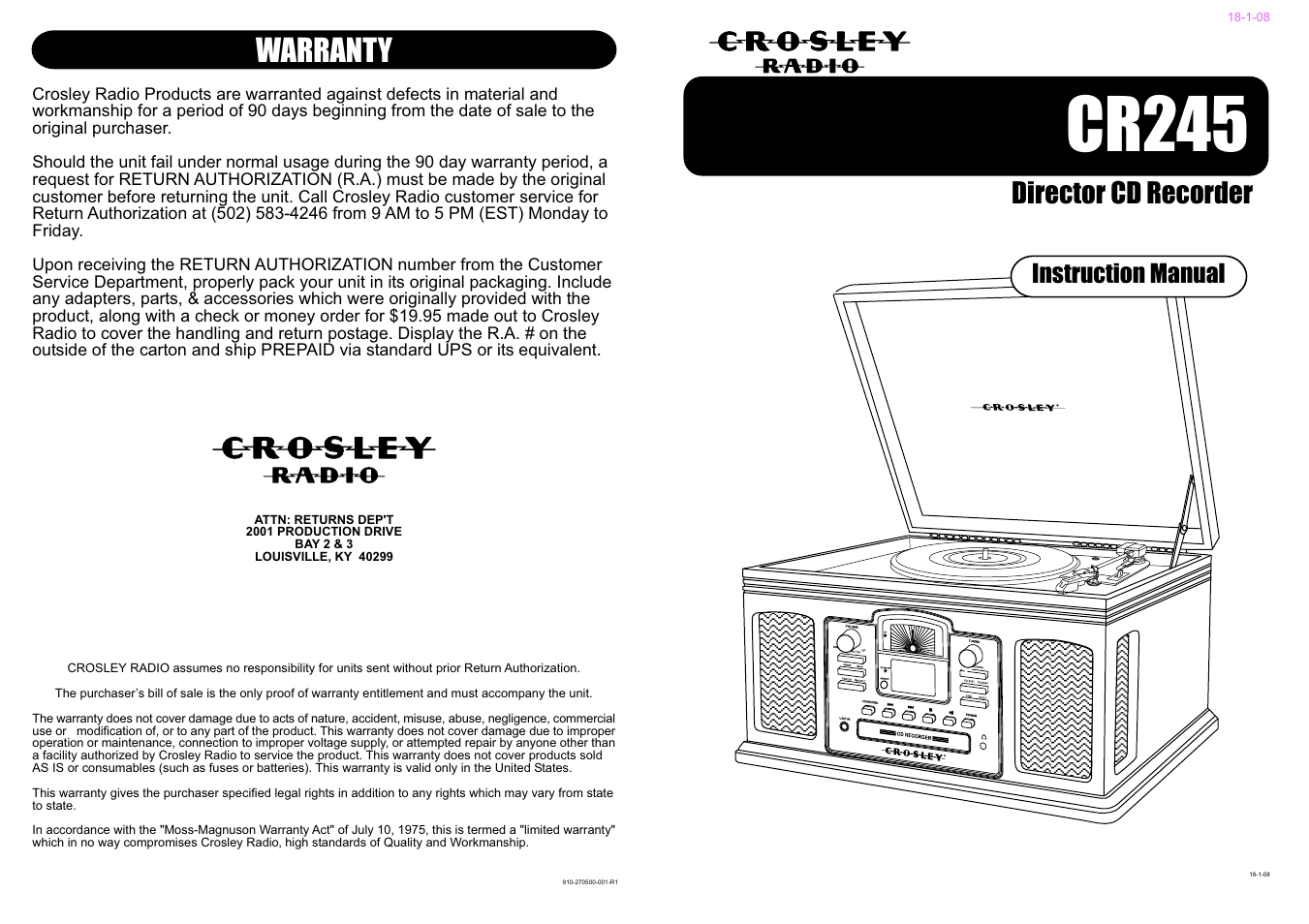 Crosley Radio CR245 User Manual | 8 pages
