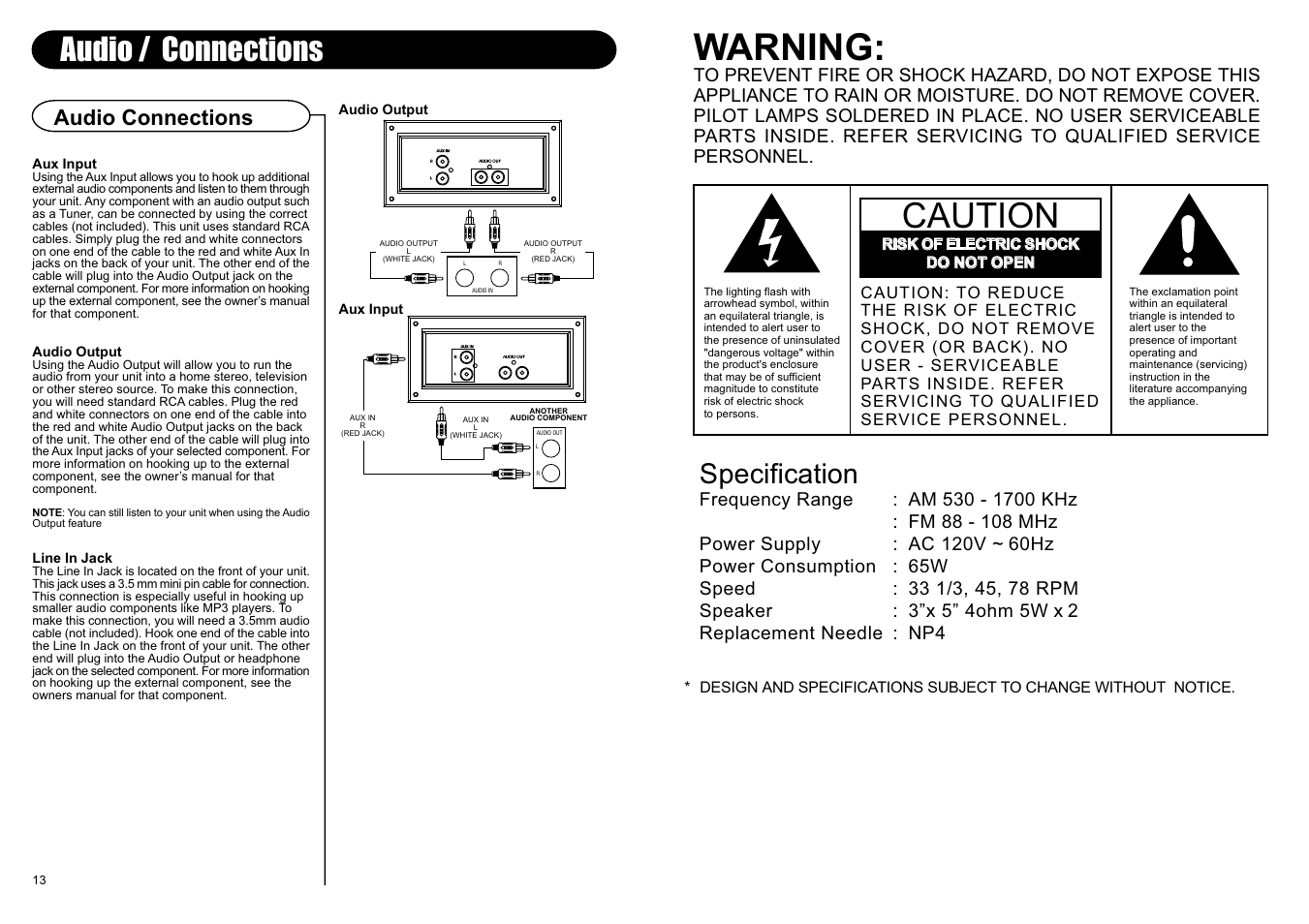 Warning, Caution, Audio / connections | Specification, Audio connections | Crosley Radio CR245 User Manual | Page 2 / 8