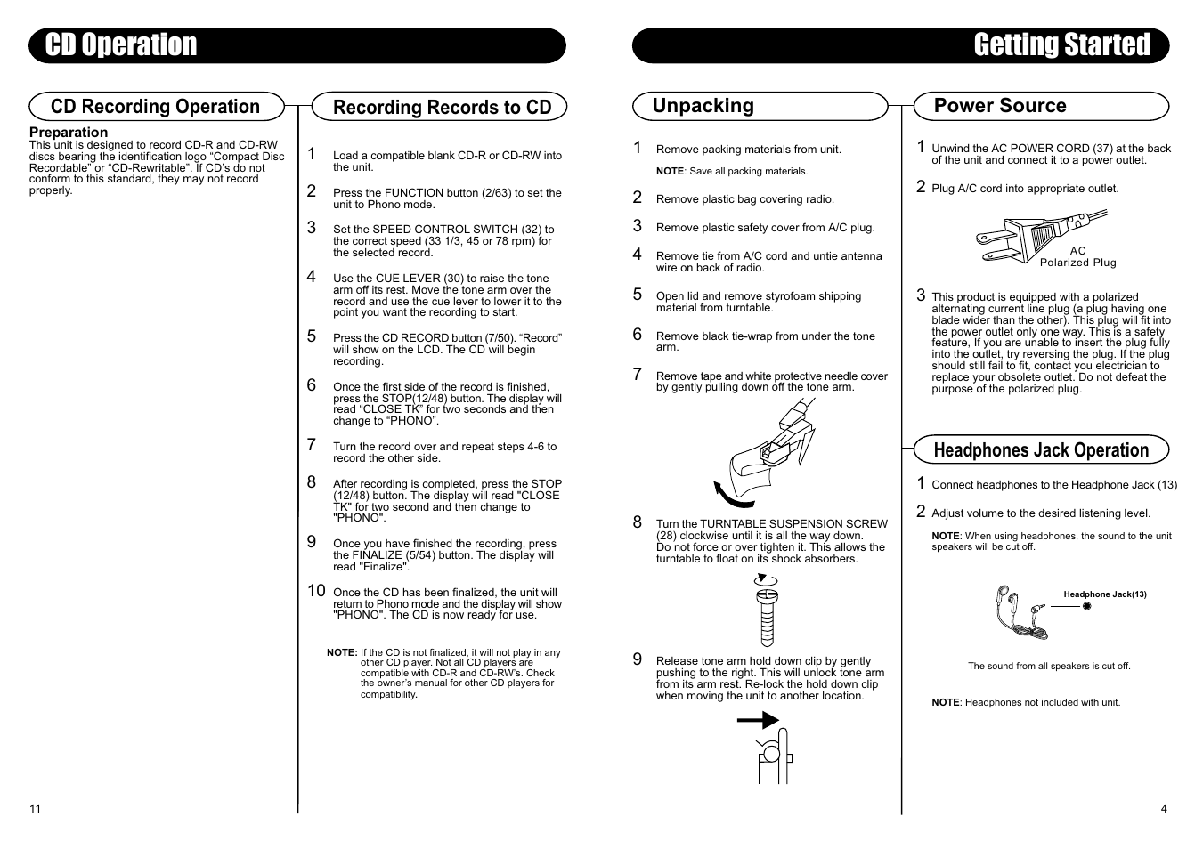 Getting started, Cd operation, Unpacking | Power source headphones jack operation, Cd recording operation, Recording records to cd | Crosley Radio CR245 User Manual | Page 3 / 8