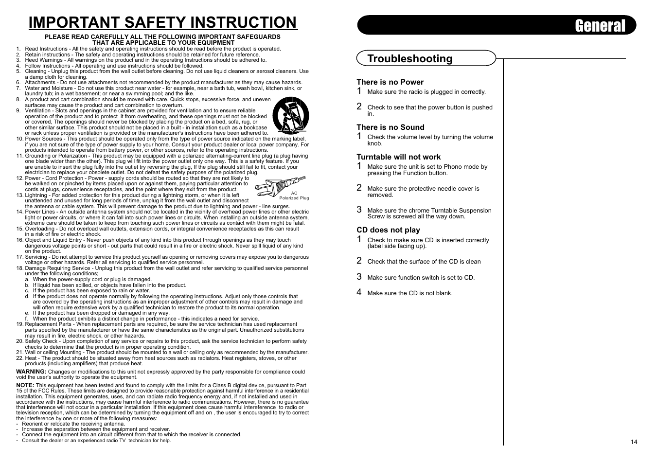 Important safety instruction, General, Troubleshooting | Crosley Radio CR245 User Manual | Page 5 / 8