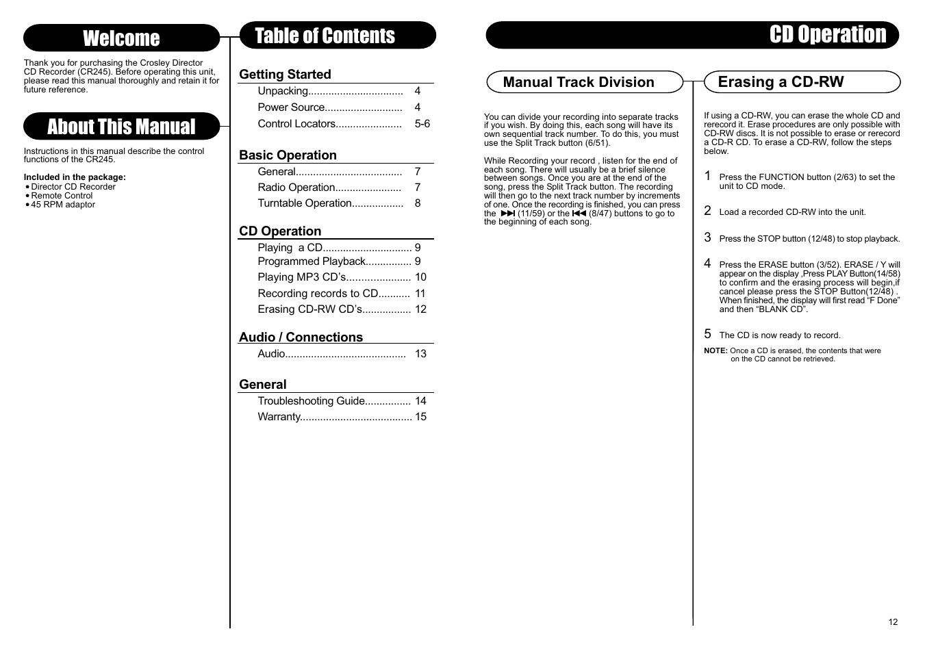 Cd operation, About this manual, Welcome table of contents | Erasing a cd-rw | Crosley Radio CR245 User Manual | Page 6 / 8