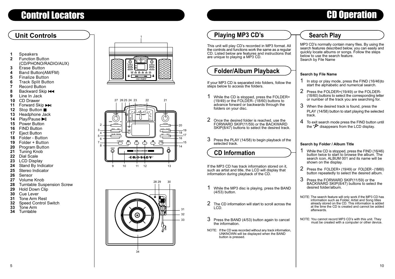 Control locators, Cd operation, Unit controls | Playing mp3 cds, Search play folder/album playback cd information | Crosley Radio CR245 User Manual | Page 7 / 8