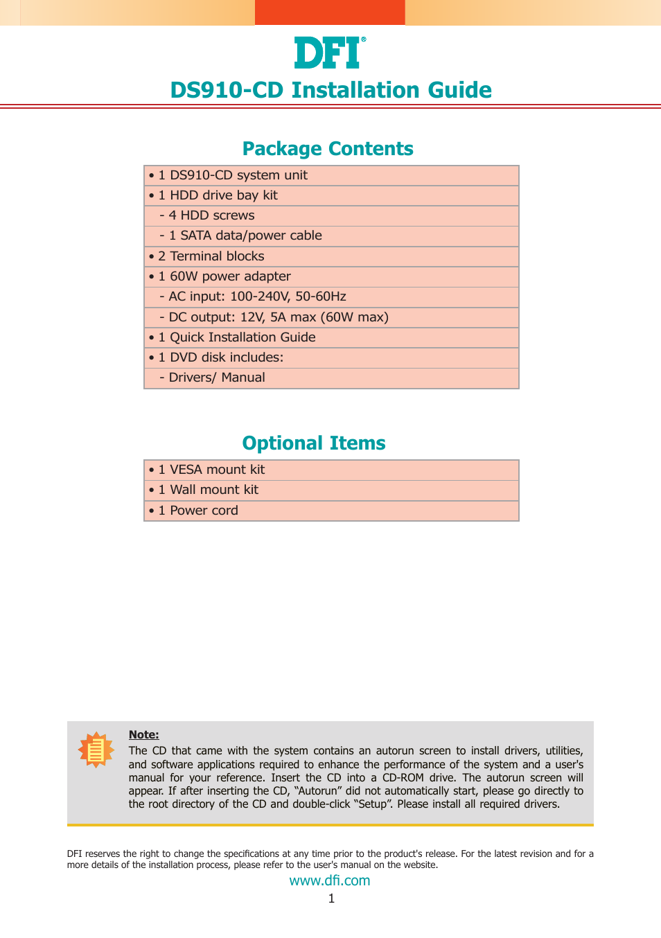 DFI DS910-CD Installation Guide User Manual | 4 pages