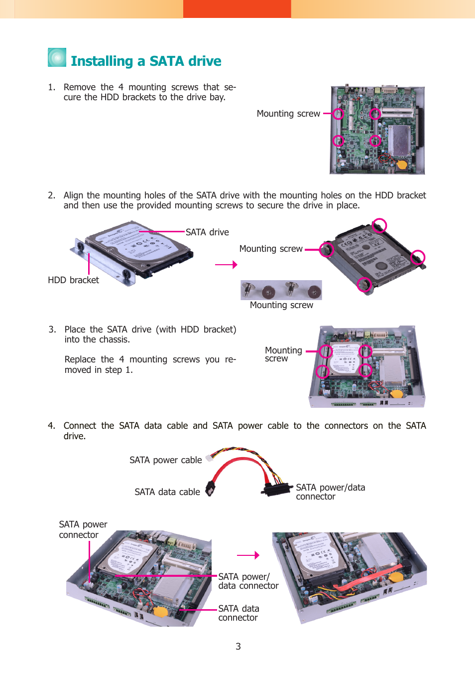 Installing a sata drive | DFI DS910-CD Installation Guide User Manual | Page 3 / 4