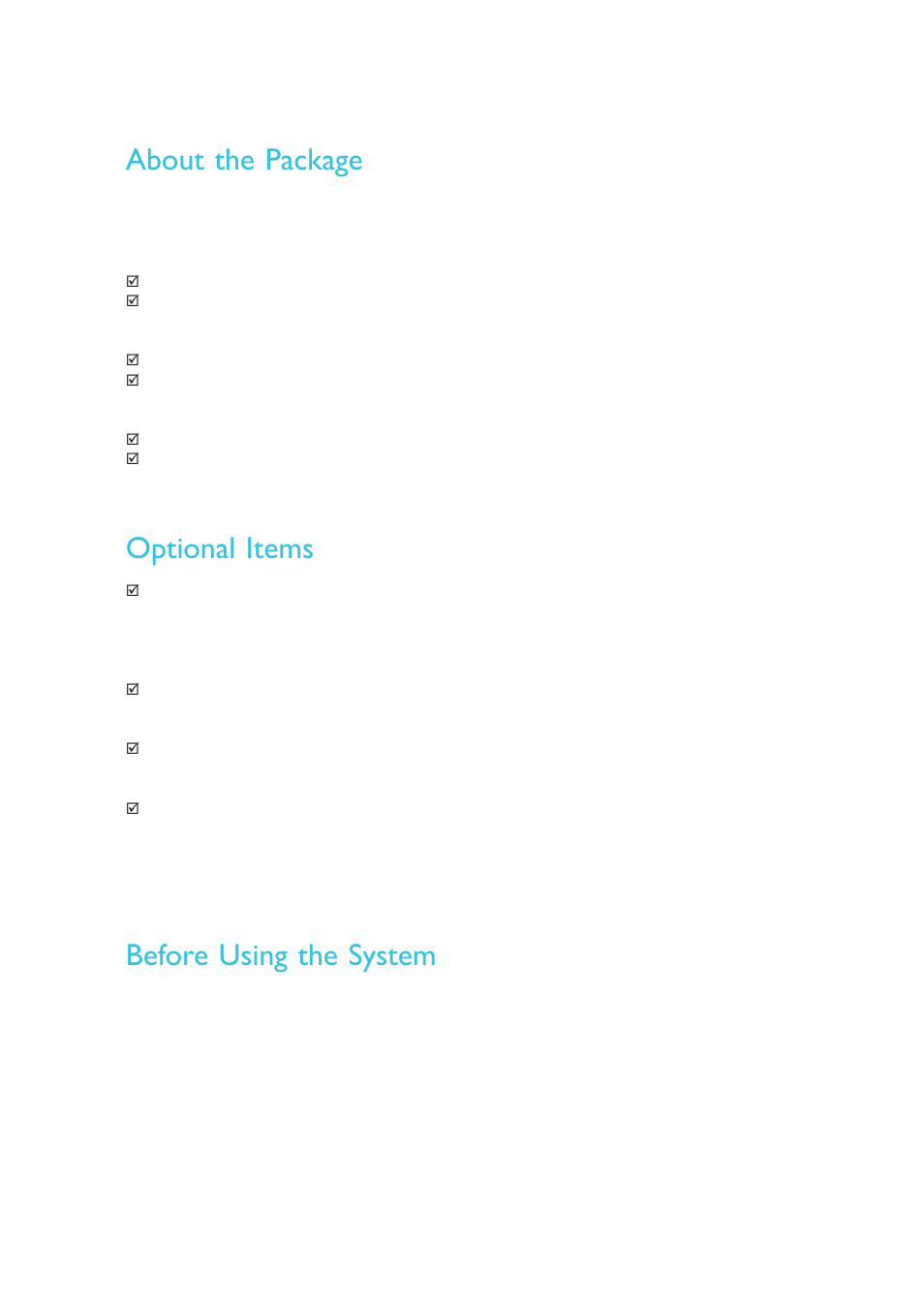 About the package, Before using the system, Optional items | DFI DS912-OT Manual User Manual | Page 10 / 123