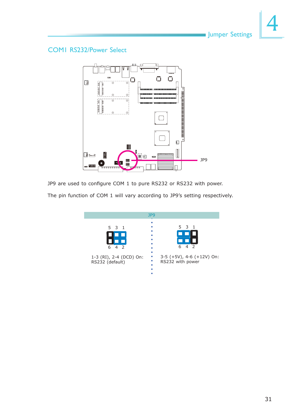 Jumper settings com1 rs232/power select | DFI DS912-OT Manual User Manual | Page 31 / 123