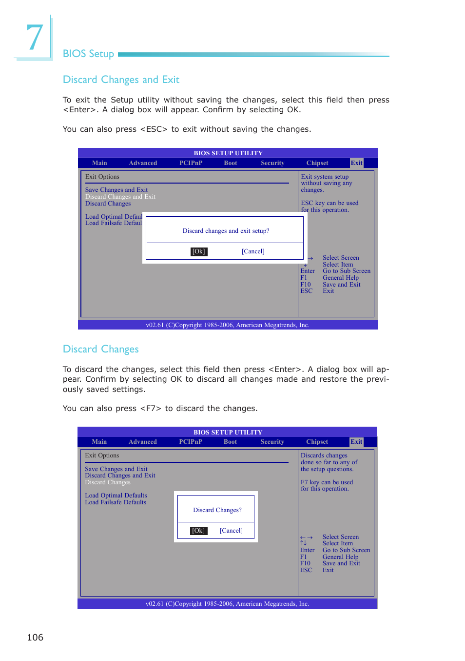 Bios setup discard changes and exit, Discard changes | DFI ES121-LR User Manual | Page 106 / 175