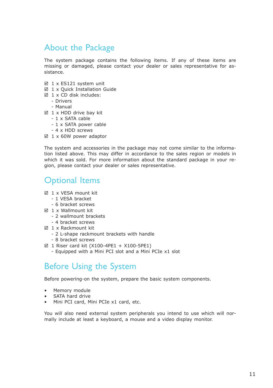 About the package, Optional items, Before using the system | Introduction | DFI ES121-LR User Manual | Page 11 / 175